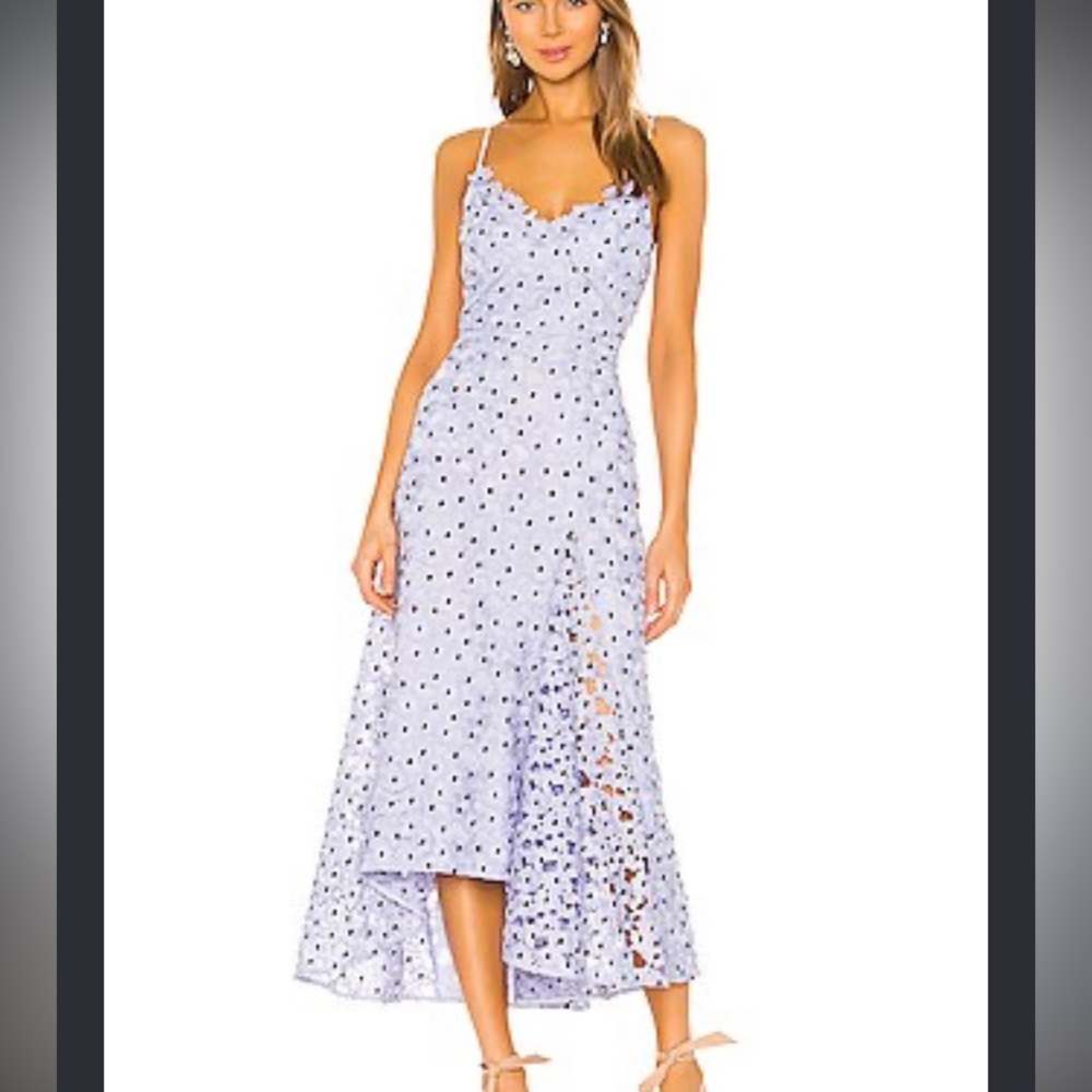 Saulee Lucy polka dot Blue Floral Lace midi Dress with Spaghetti Straps